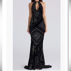 House of CB Oliviana Black & Gold Devore Velvet Maxi Gown